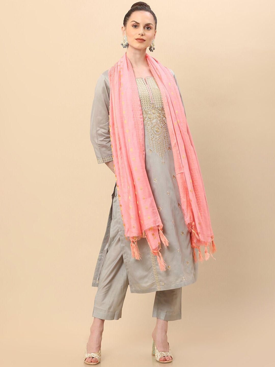 soch women grey floral embroidered raw silk kurta with trousers & dupatta