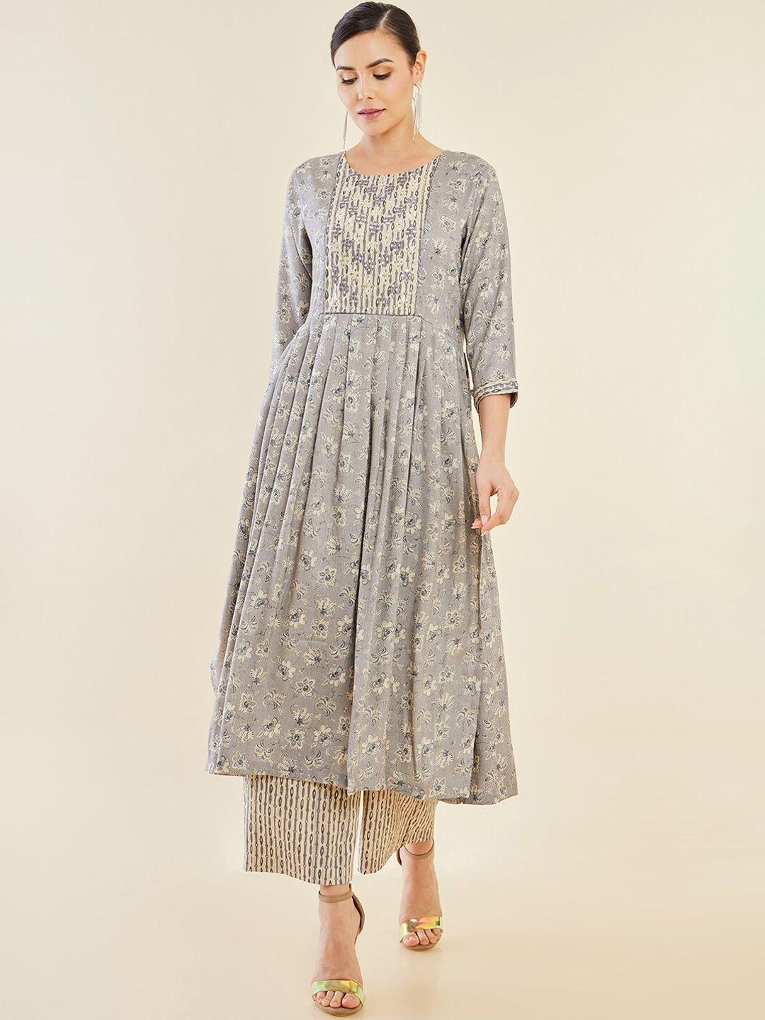 soch women grey floral printed pleated mirror work kurta with palazzos