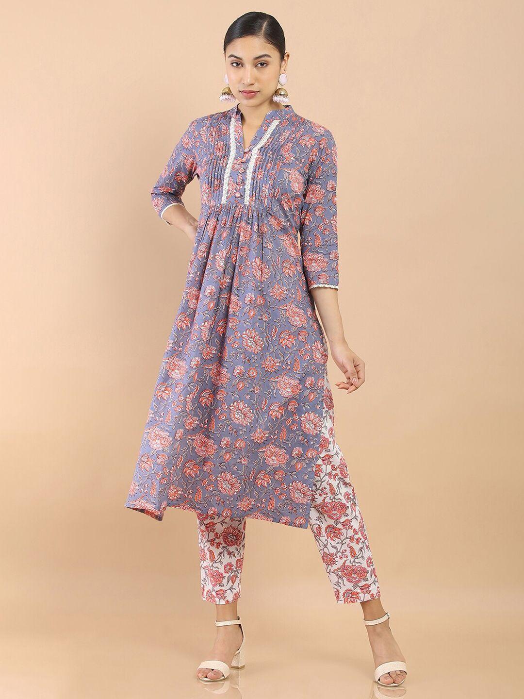 soch women grey floral printed pleated pure cotton kurta with trousers