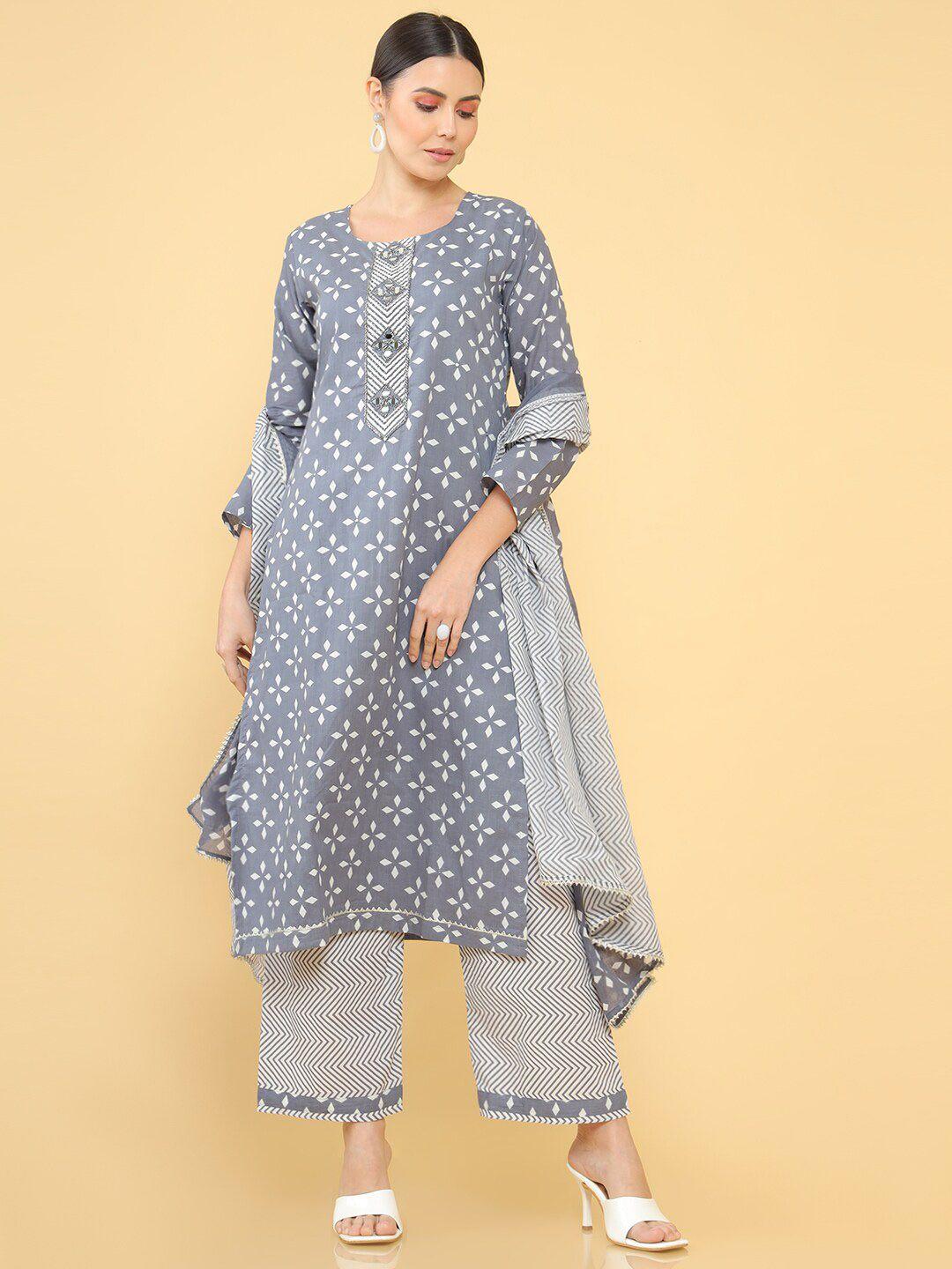 soch women grey printed mirror work yoke design unstitched dress material