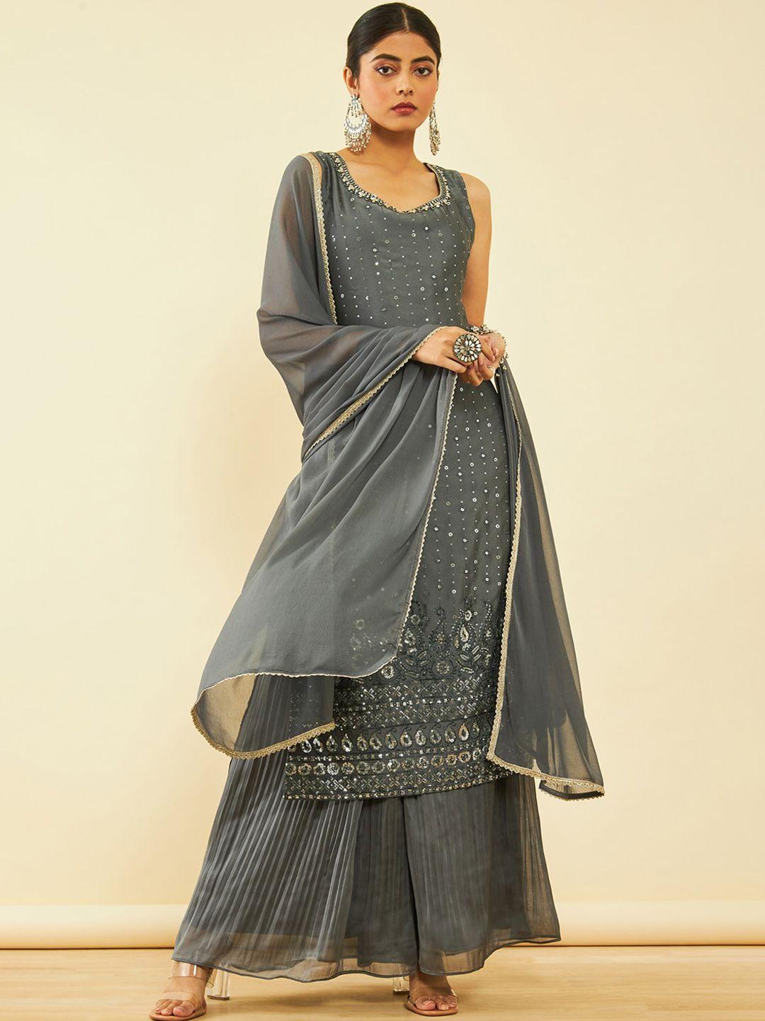 soch women grey regular sequinned kurta with palazzos & with dupatta