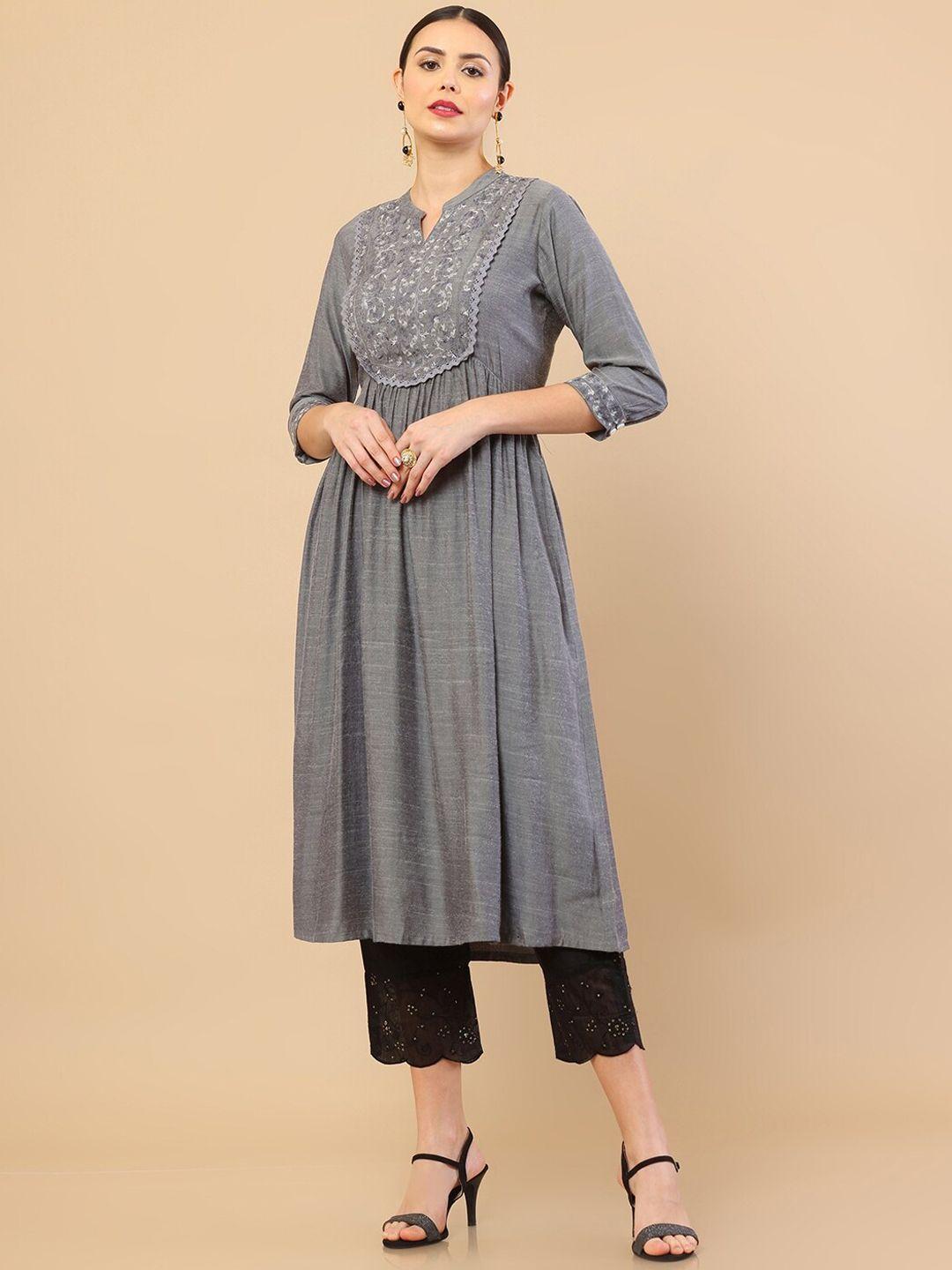 soch women grey yoke design thread work anarkali kurta