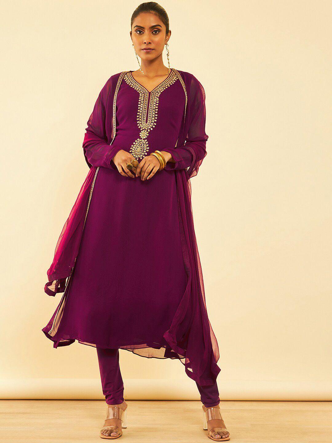 soch women magenta embroidered regular beads and stones kurta with churidar & with dupatta