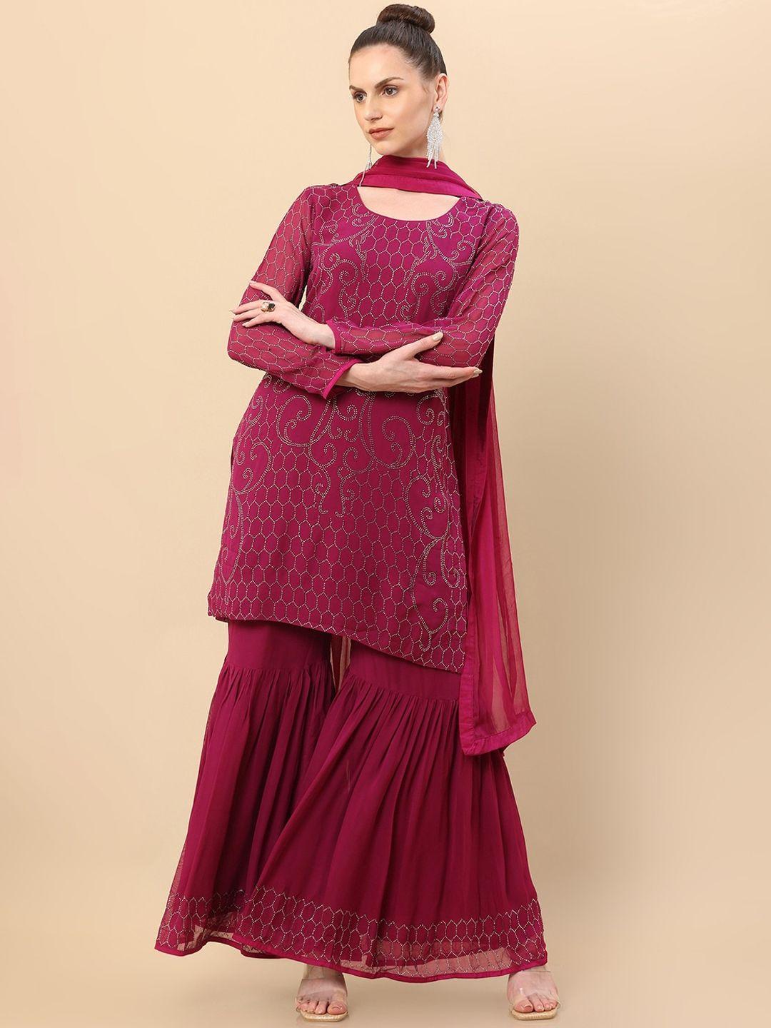 soch women magenta floral embroidered beads and stones kurta with sharara & dupatta