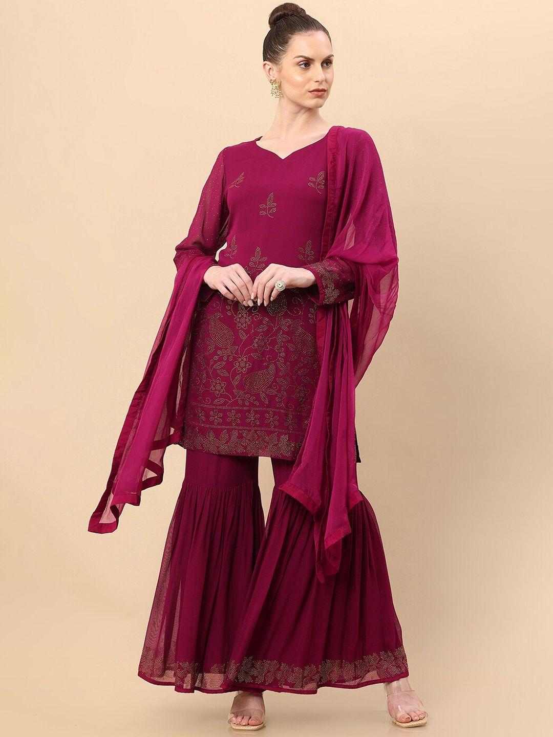 soch women magenta floral embroidered beads and stones kurta with sharara & dupatta