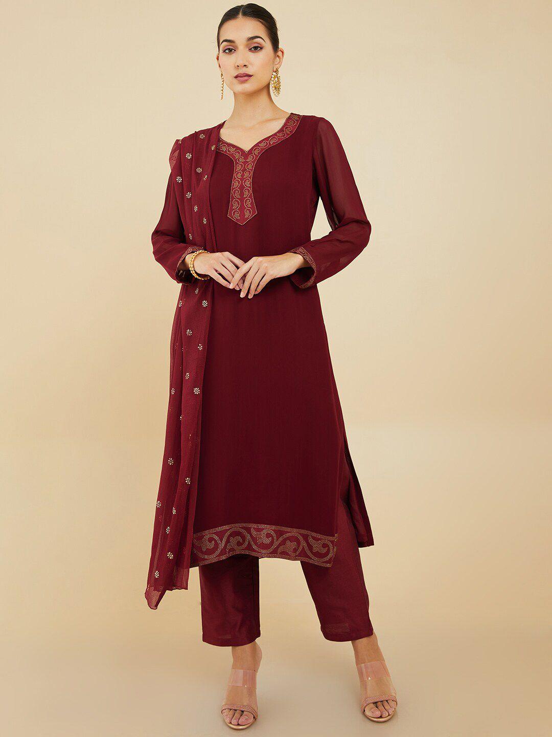 soch women maroon beads and stones silk georgette kurta with trousers & dupatta