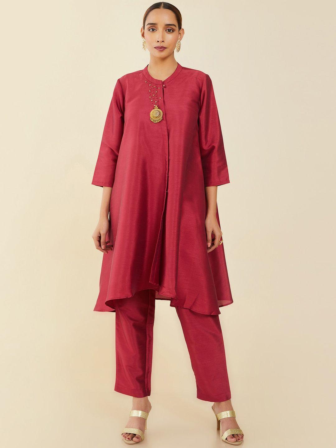 soch women maroon embellished a-line kurta with trousers