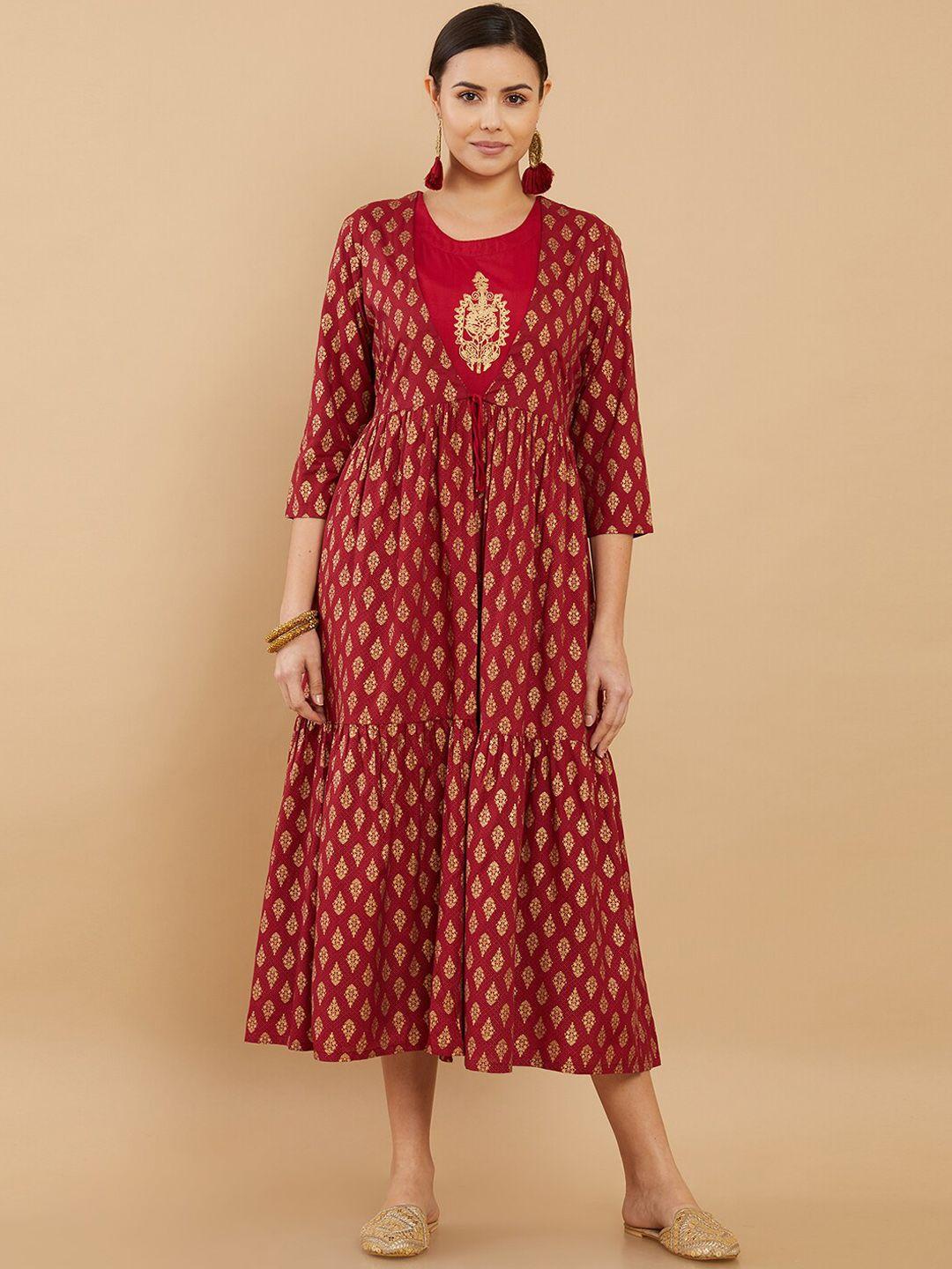 soch women maroon embroidered ethnic dress with shrug