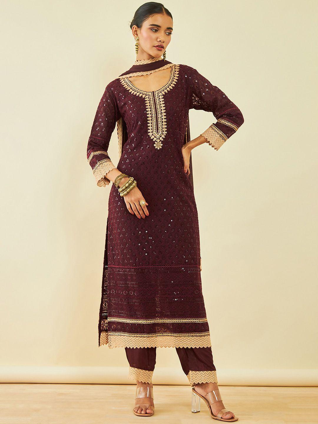 soch women maroon embroidered regular sequinned kurta with trousers & with dupatta