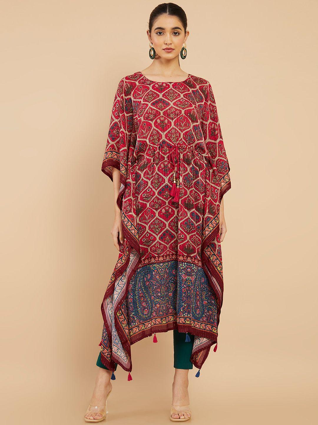 soch women maroon ethnic motifs printed flared sleeves kaftan kurta