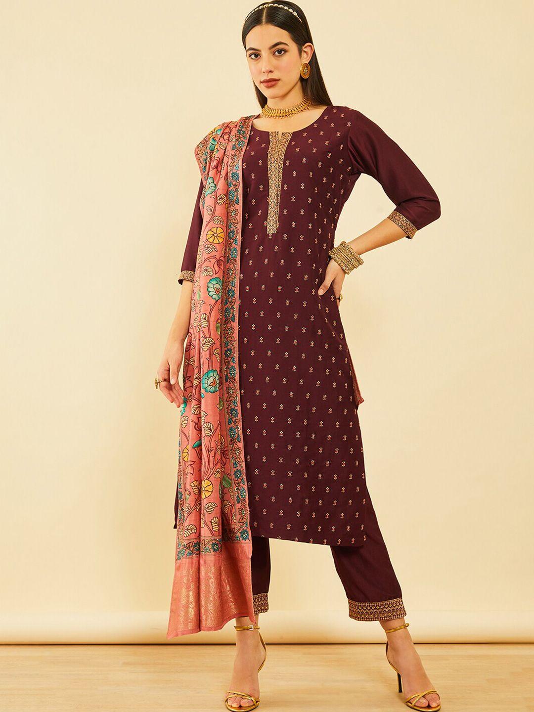 soch women maroon ethnic motifs printed straight kurta with trousers & dupatta