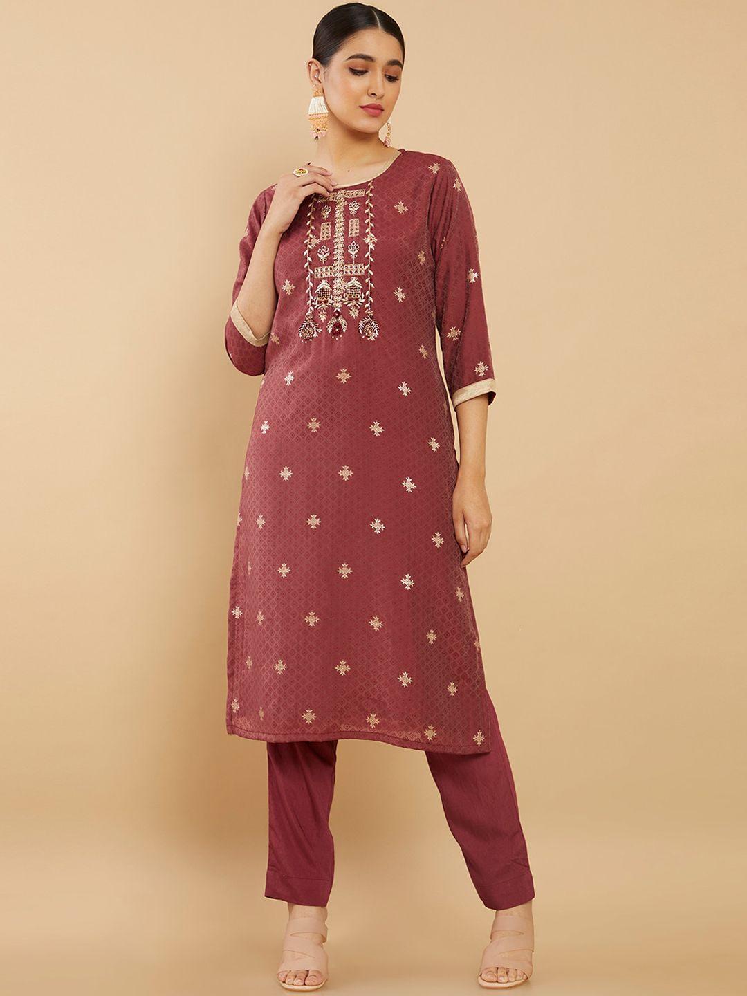 soch women maroon ethnic motifs printed thread work kurta with trousers