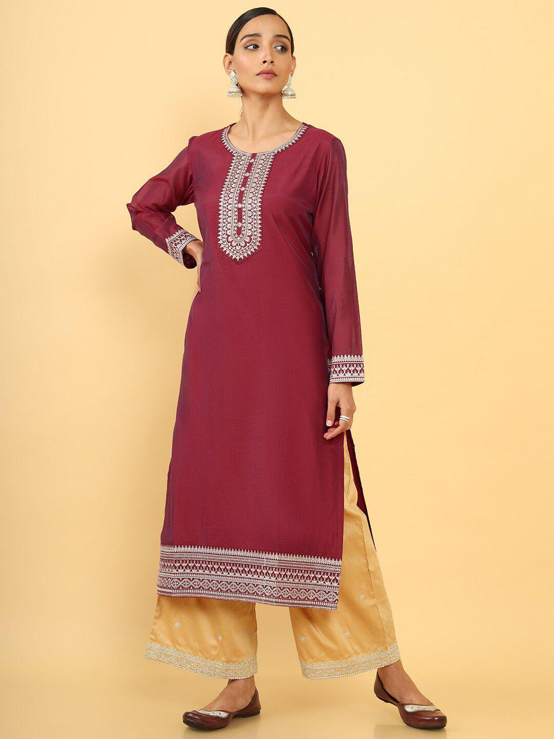 soch women maroon ethnic motifs yoke design zardozi kurta