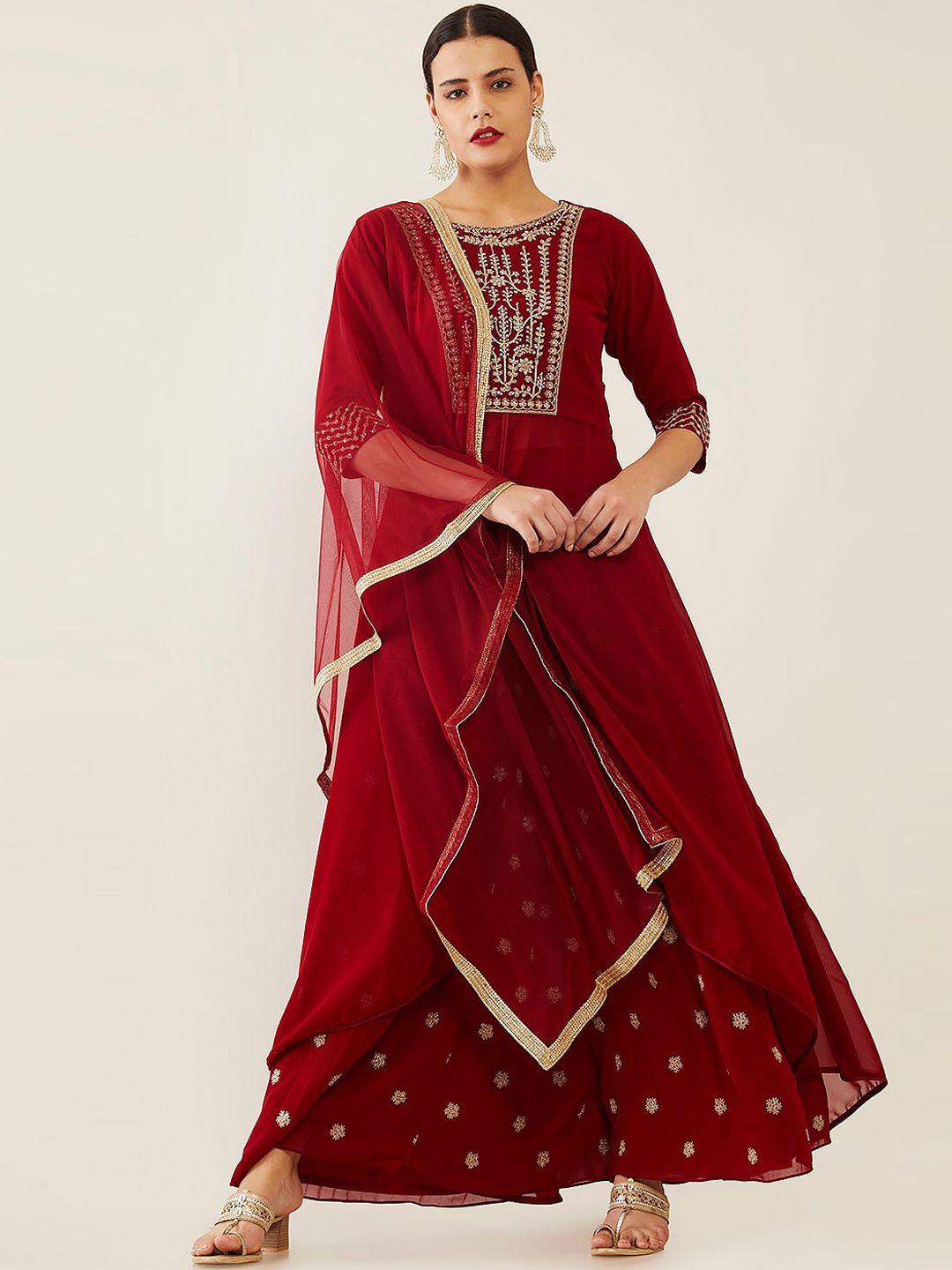 soch women maroon floral embroidered empire zardozi kurti with skirt & with dupatta