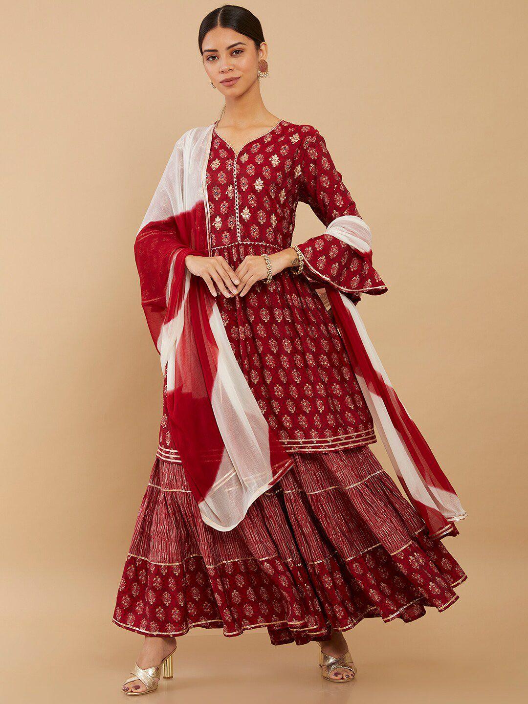 soch women maroon floral printed pure cotton kurta with sharara & with dupatta