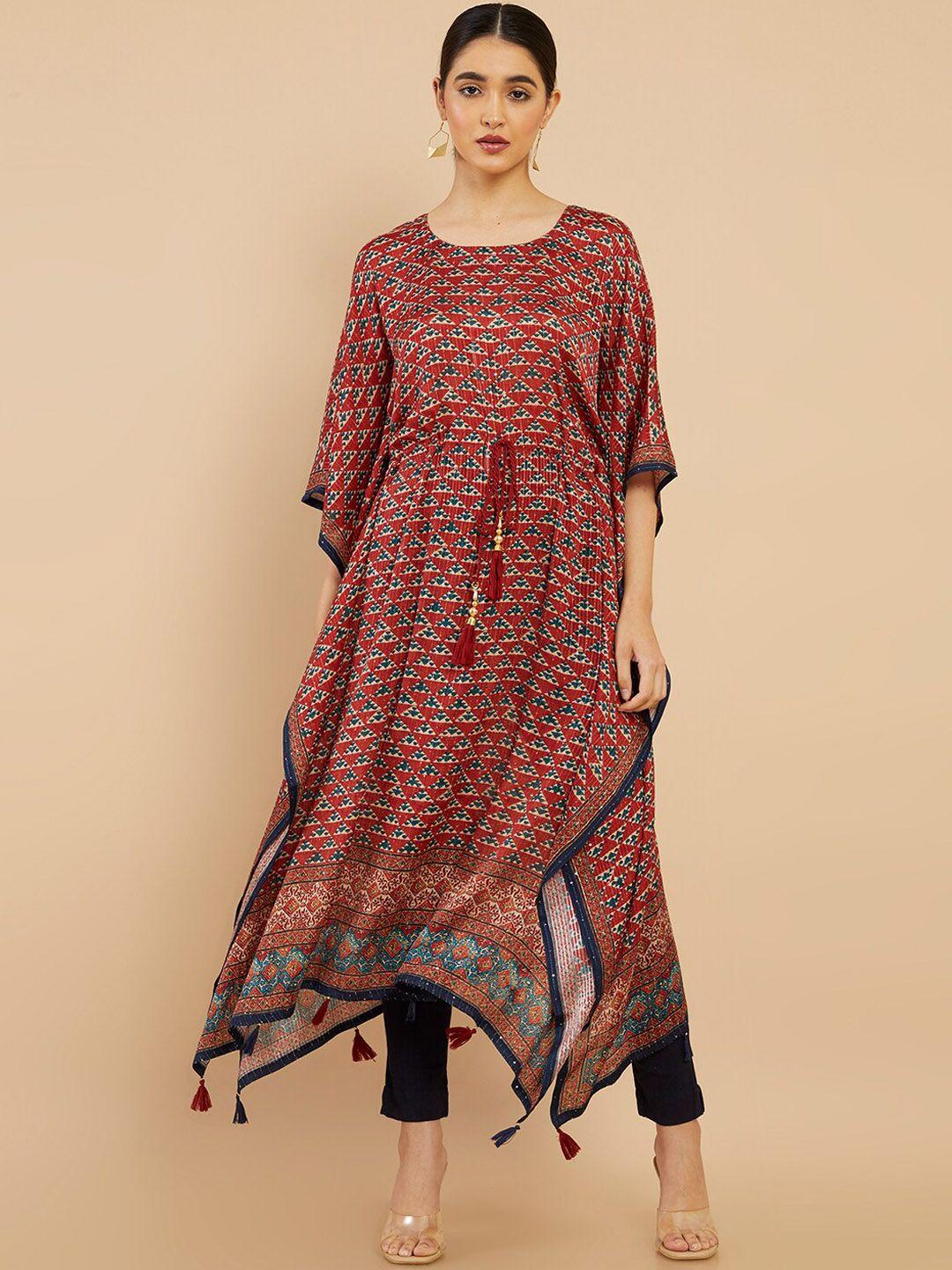 soch women maroon geometric printed flared sleeves kaftan kurta