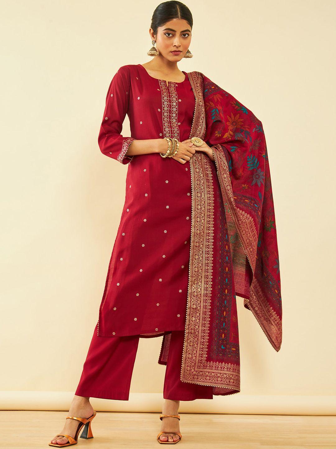 soch women maroon printed regular kurta with trousers & with dupatta