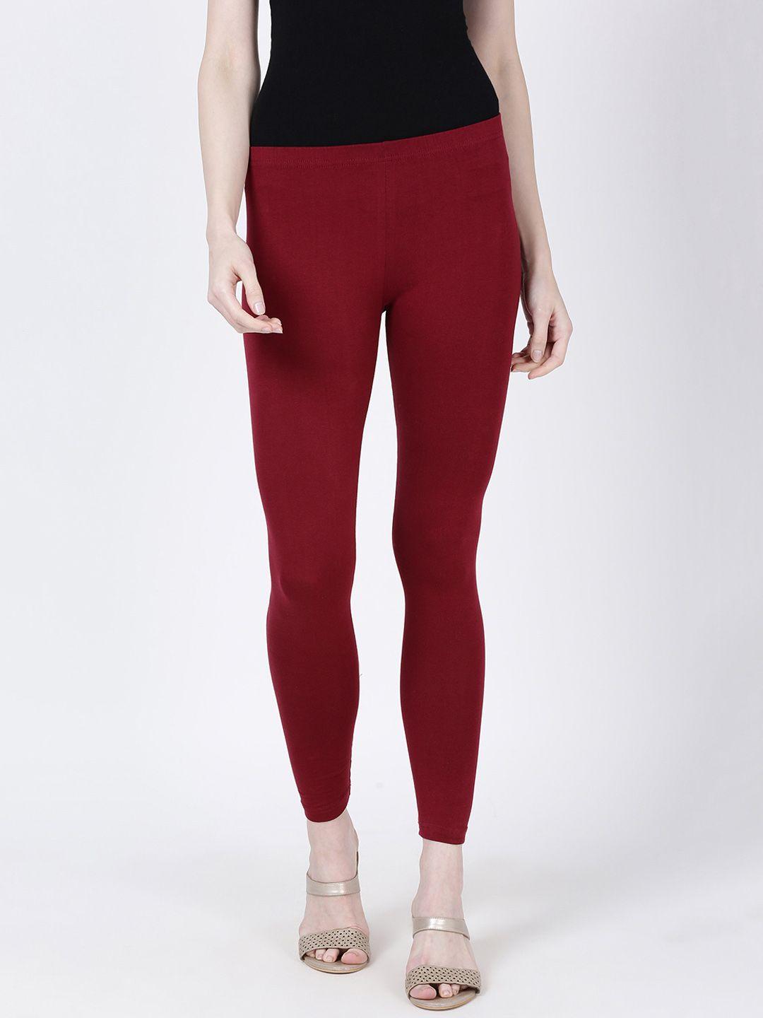 soch women maroon solid slim-fit ankle-length cotton lycra leggings
