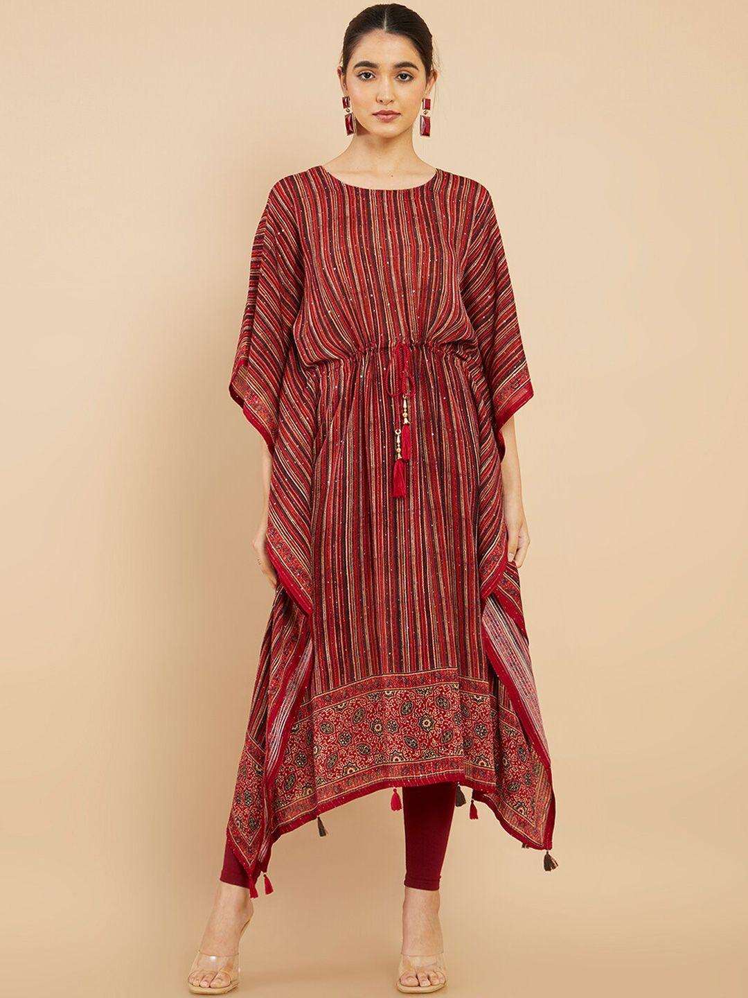soch women maroon striped flared sleeves kaftan kurta