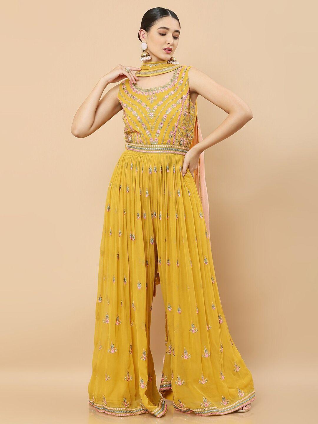 soch women mustard & pink printed basic jumpsuit with embroidered