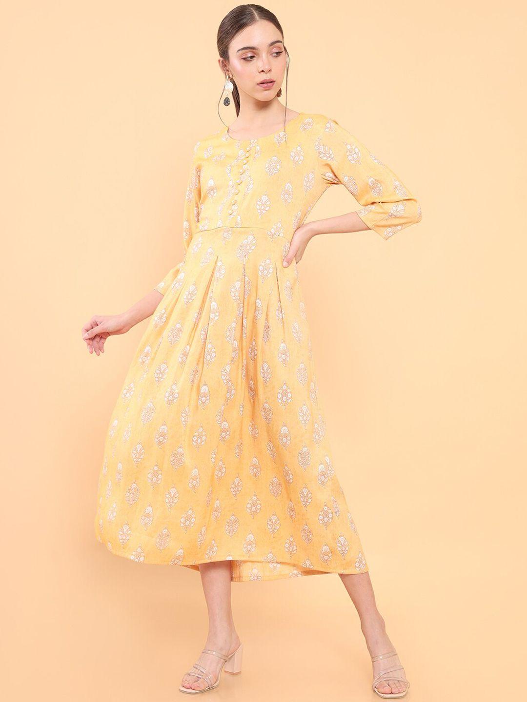 soch women mustard yellow & white floral printed dress