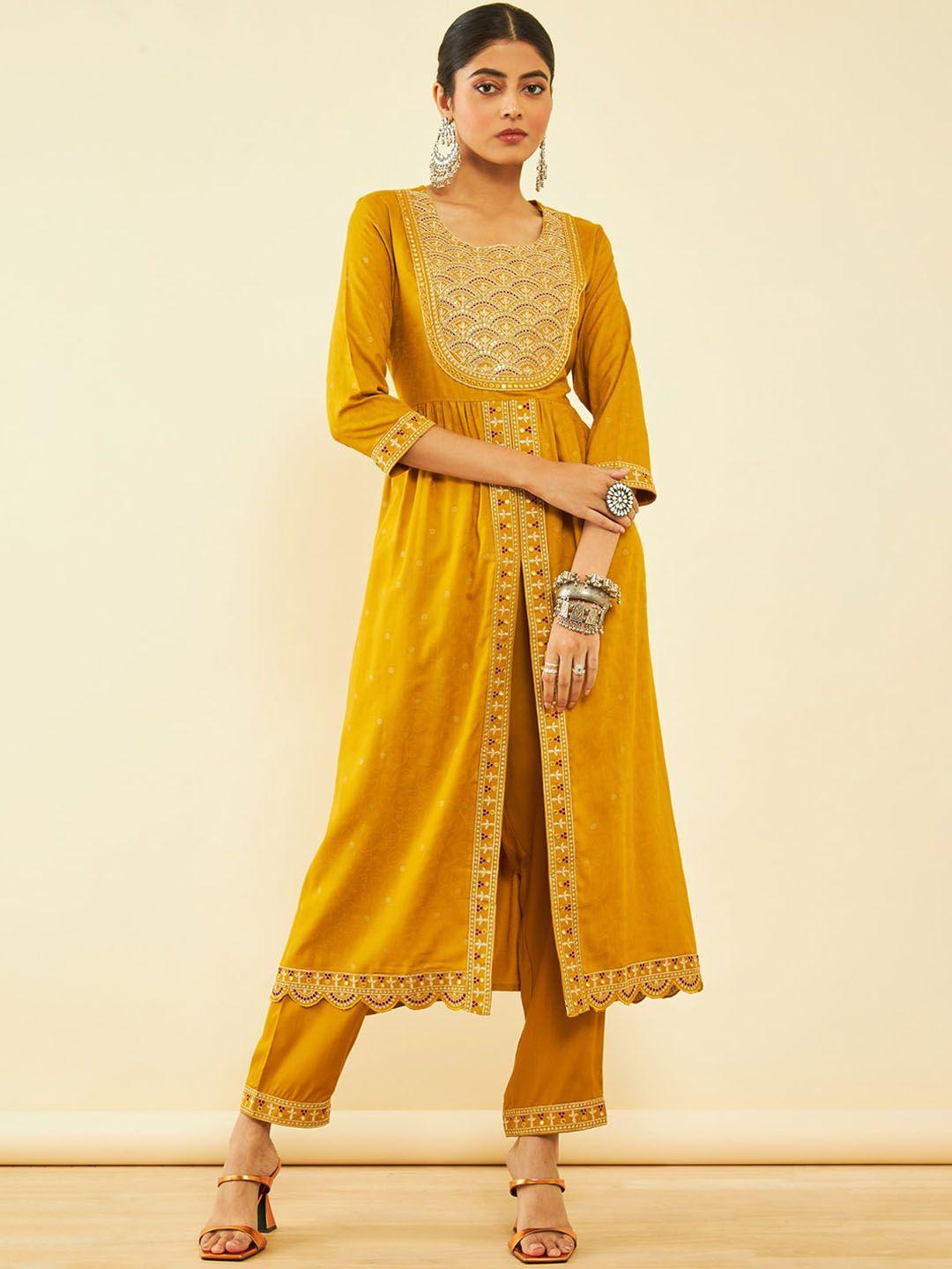 soch women mustard yellow embroidered pleated sequinned kurta with trousers & with dupatta