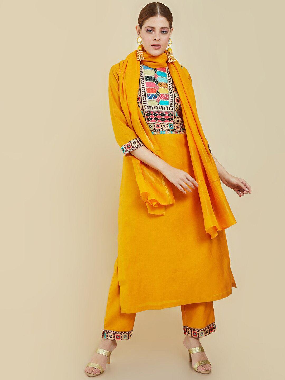 soch women mustard yellow embroidered pure silk kurta with trousers & dupatta