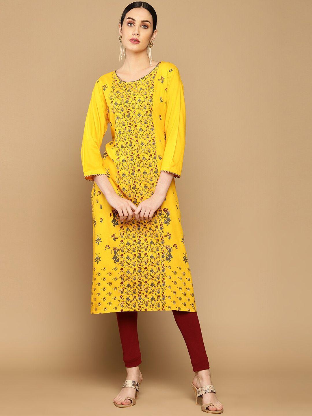 soch women mustard yellow ethnic motifs printed kurta