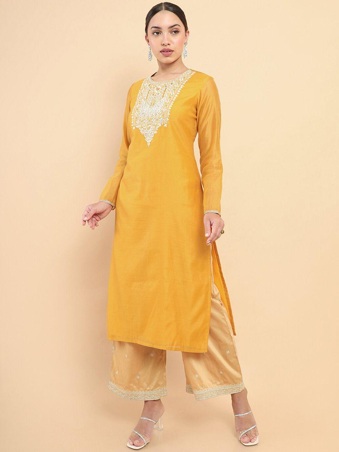 soch women mustard yellow floral embroidered yoke design silk kurta