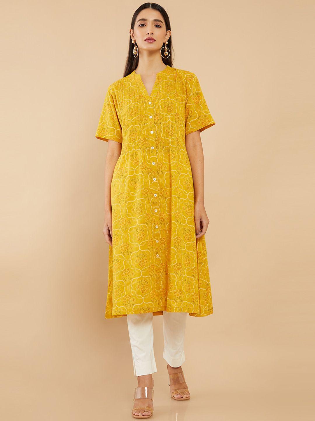 soch women mustard yellow floral printed a-line fit cotton kurta