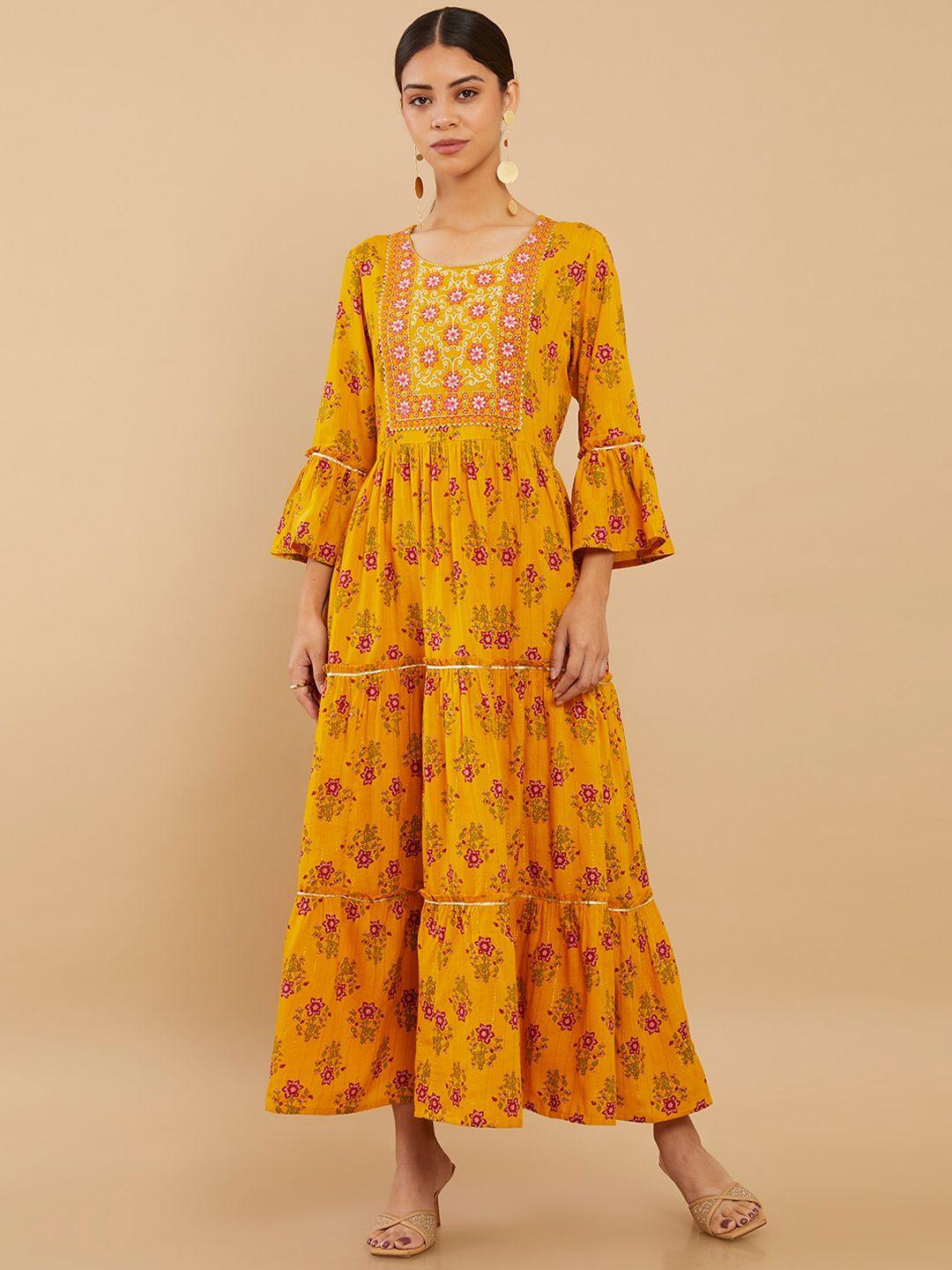 soch women mustard yellow floral printed bell sleeves fit and flare ethnic dress