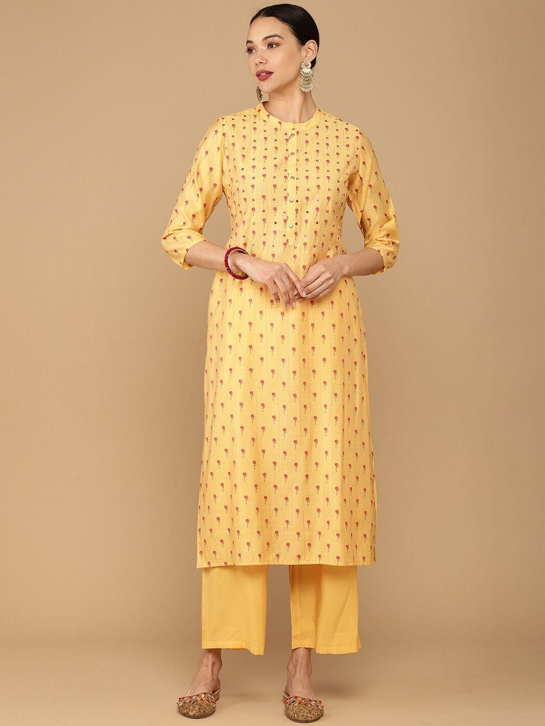 soch women mustard yellow floral printed chanderi silk kurta set