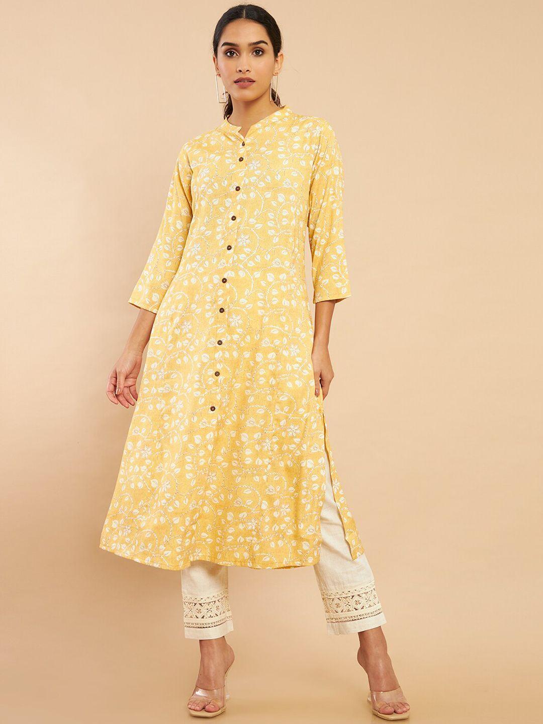 soch women mustard yellow floral printed pathani kurta