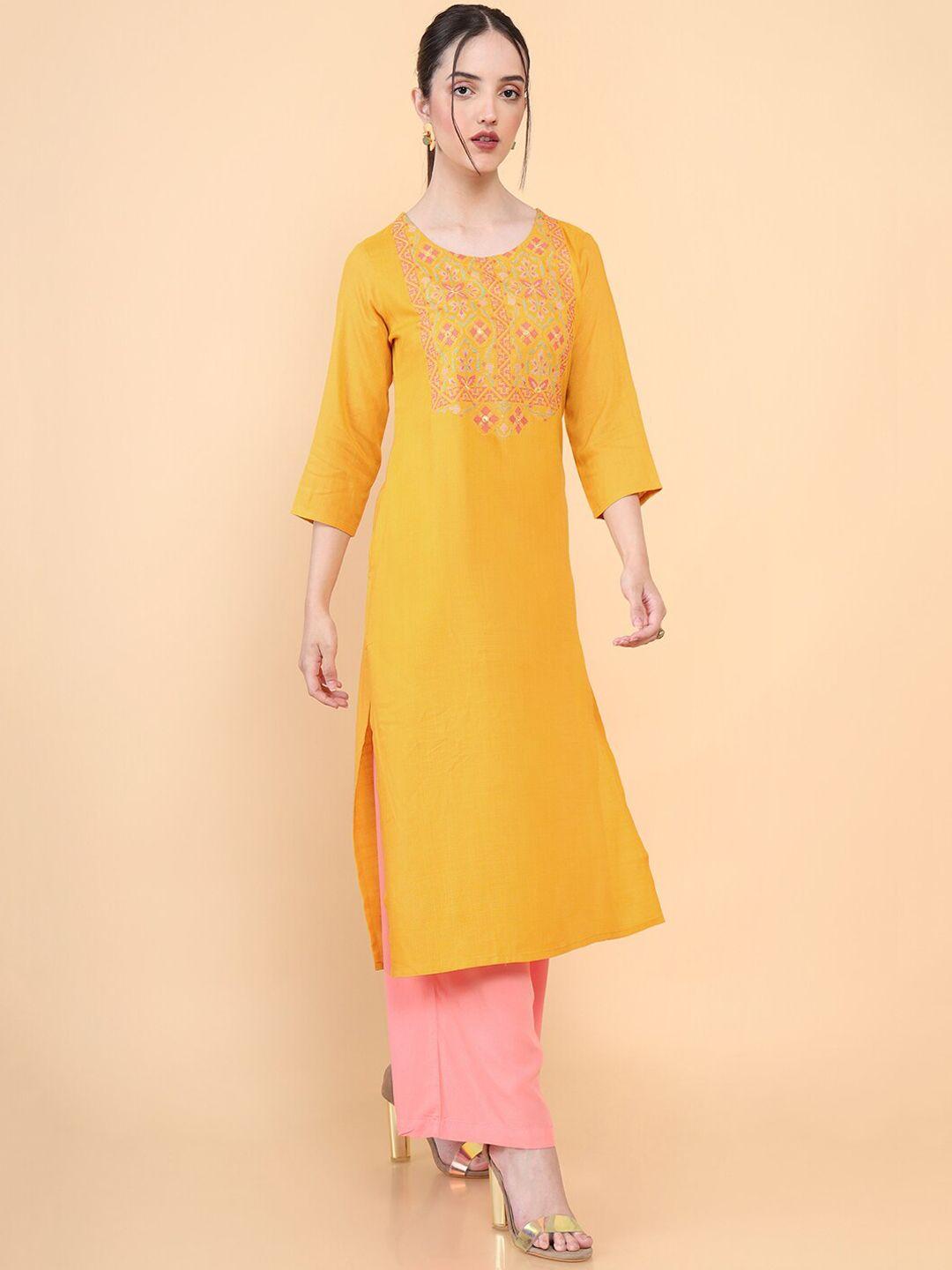 soch women mustard yellow geometric yoke design keyhole neck flared sleeves mirror work kurta