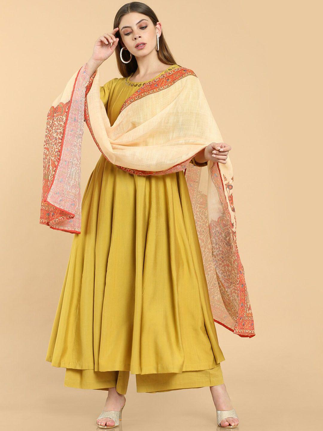 soch women mustard yellow pleated poly viscose kurta with palazzos & with dupatta