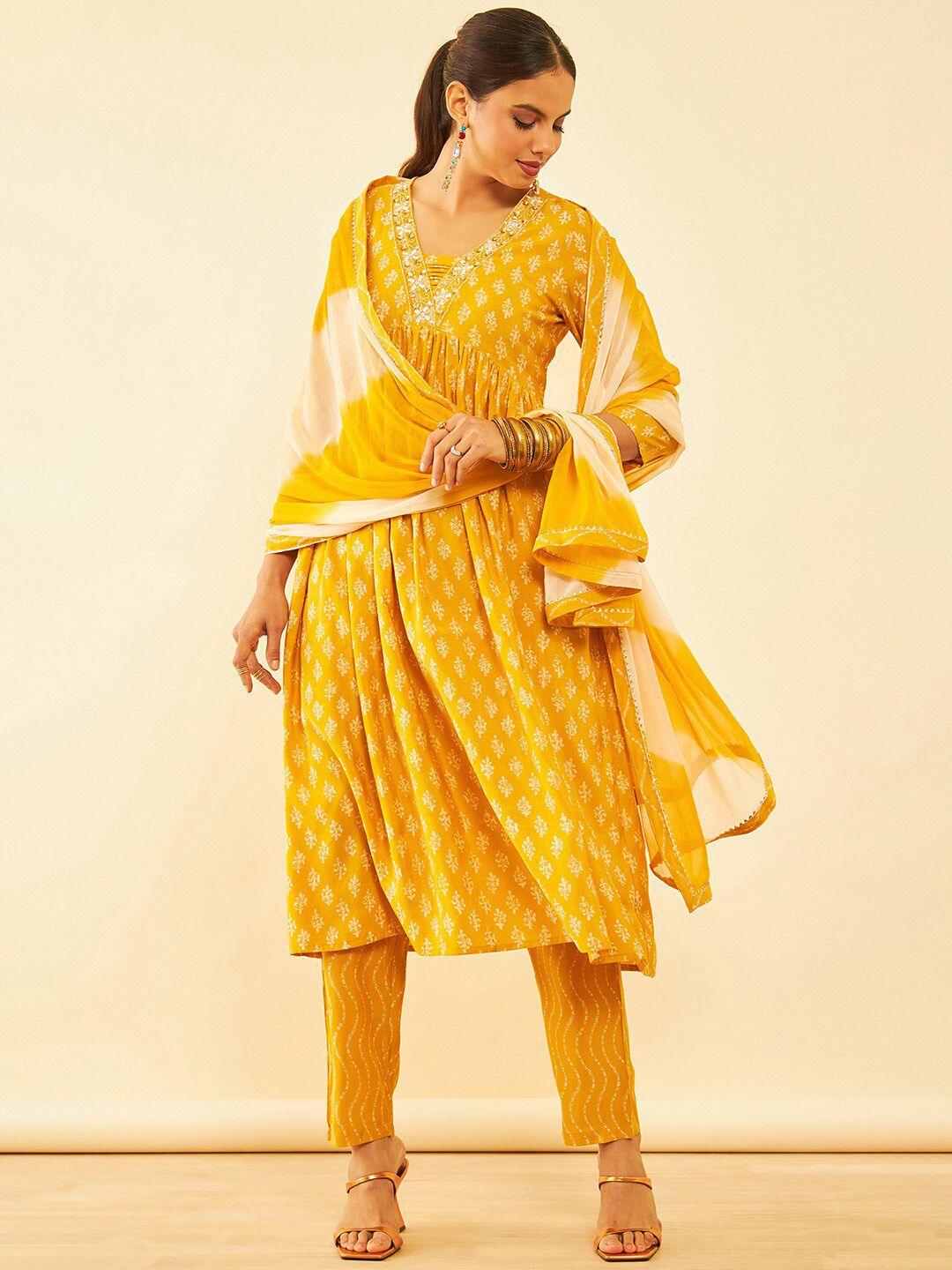 soch women mustard yellow printed sequinned kurta with trousers & with dupatta