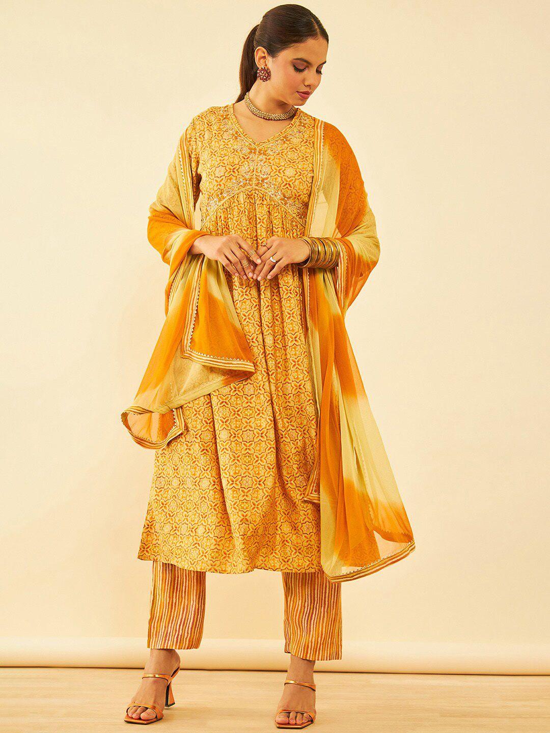 soch women mustard yellow printed zardozi kurta with trousers & with dupatta