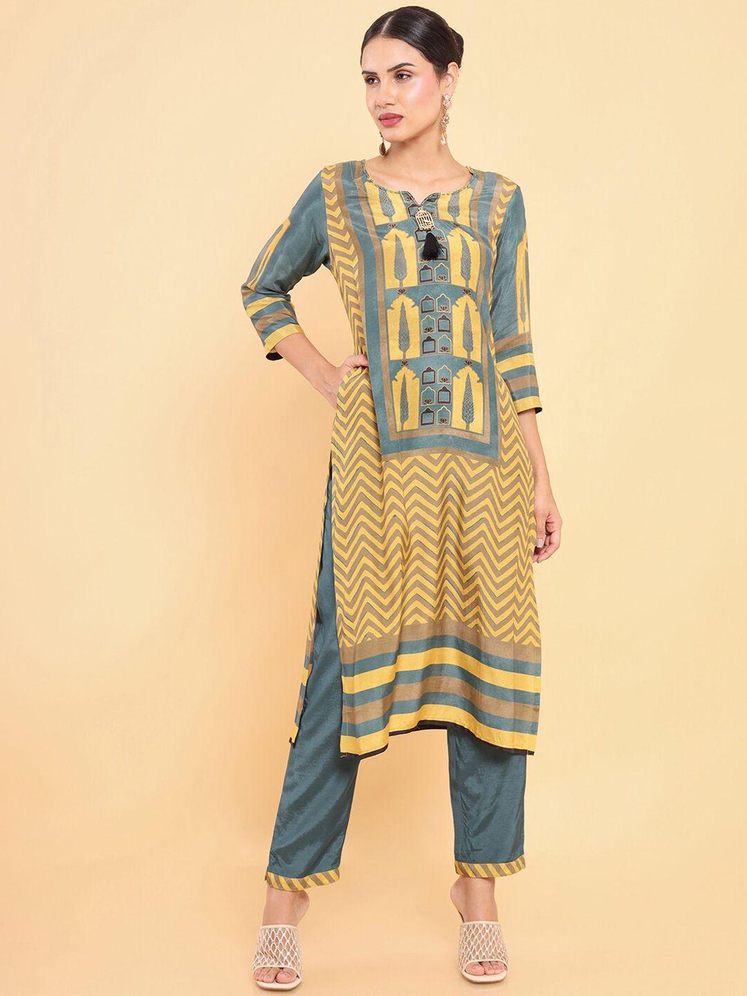 soch women mustard yellow pure cotton printed pure cotton kurta with trousers