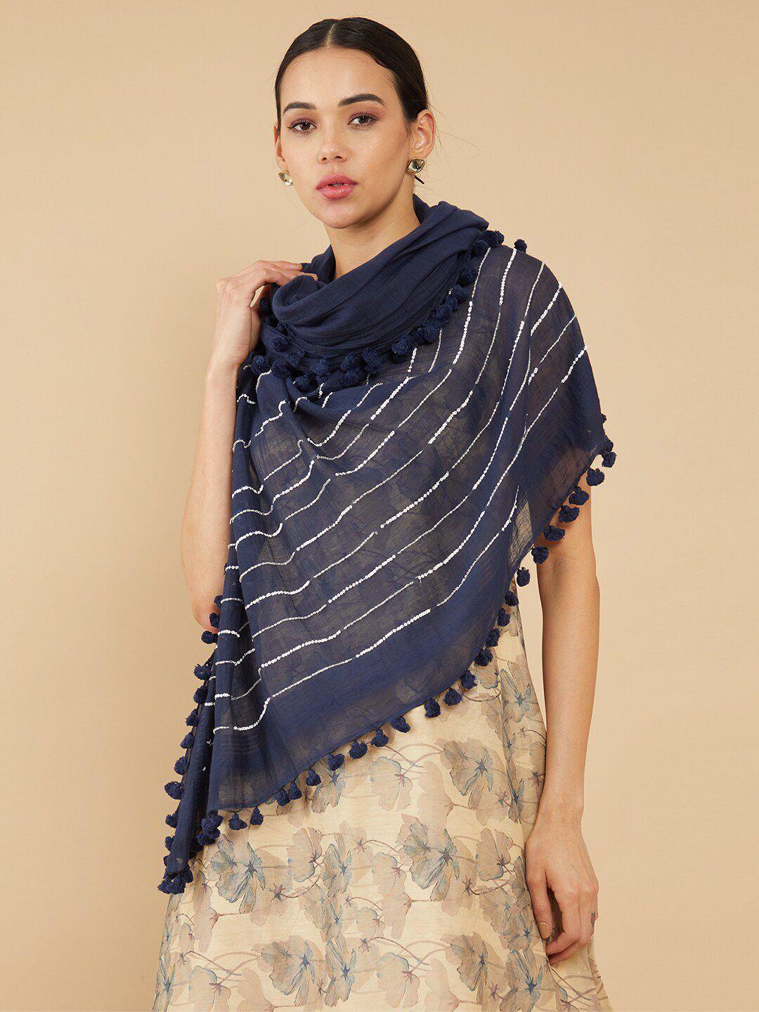 soch women navy blue & silver-toned embroidered cotton stole