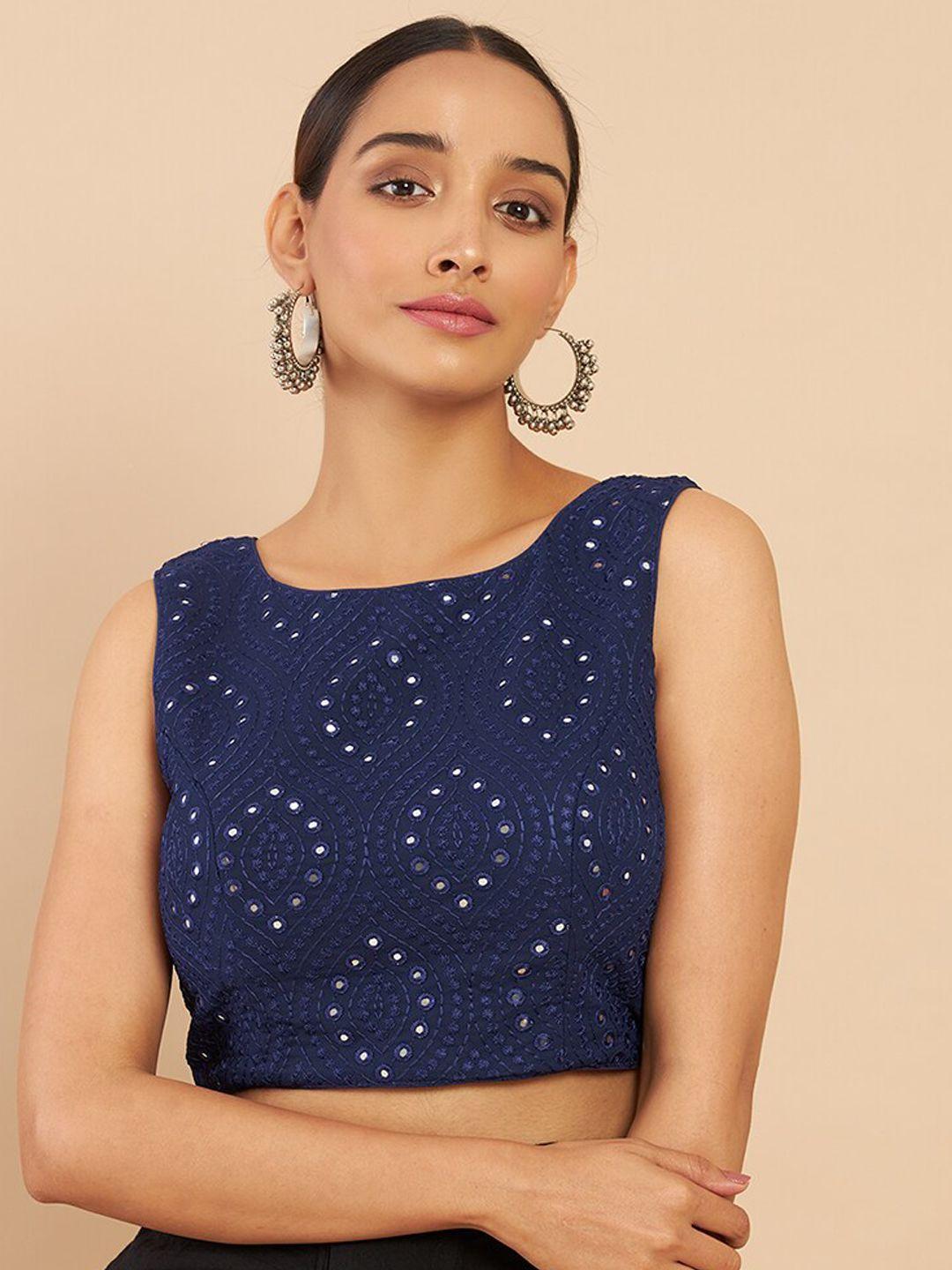soch women navy blue embroidered saree blouse with mirror work