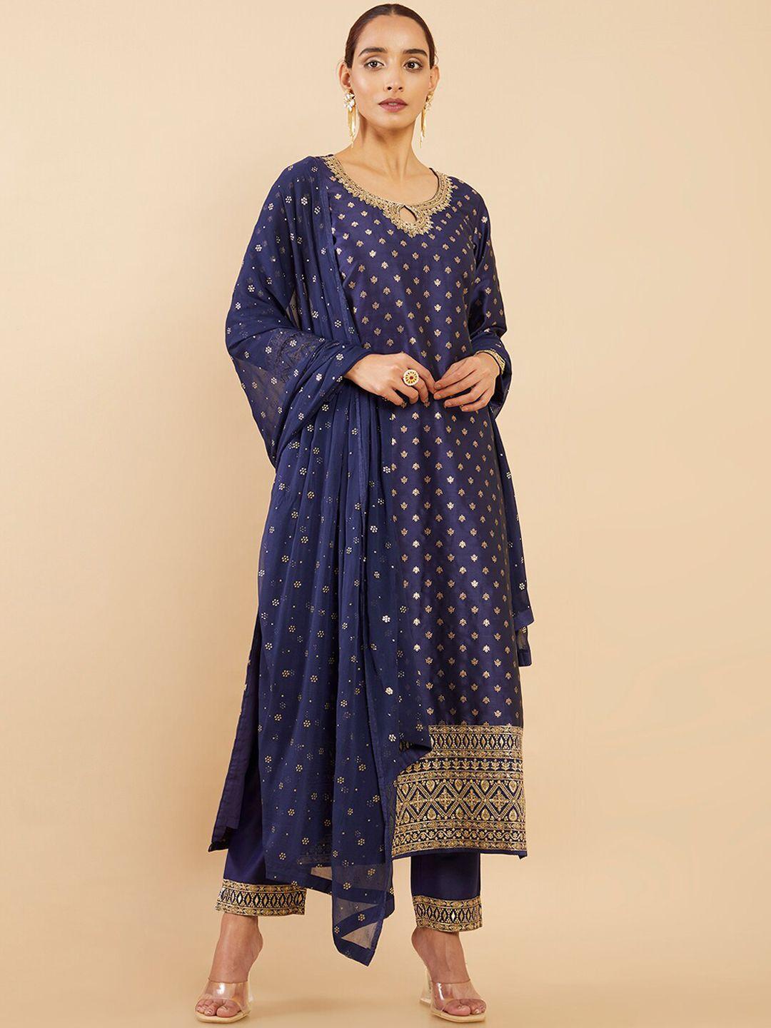 soch women navy blue ethnic motifs kurta with trousers & with dupatta