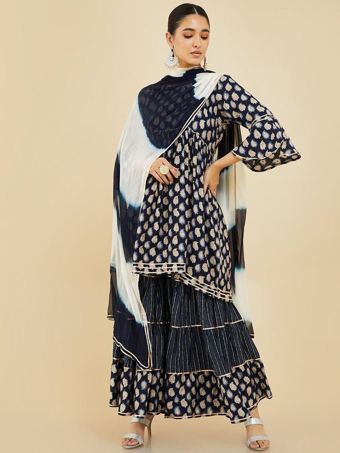 soch women navy blue ethnic motifs printed layered silk crepe kurta with sharara & dupatta