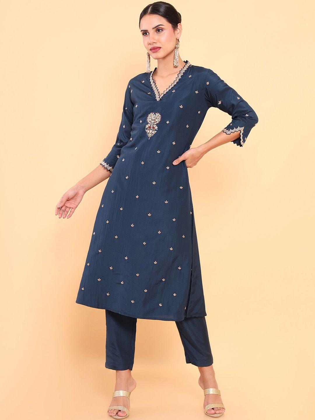 soch women navy blue floral embroidered thread work pure silk kurta with trousers