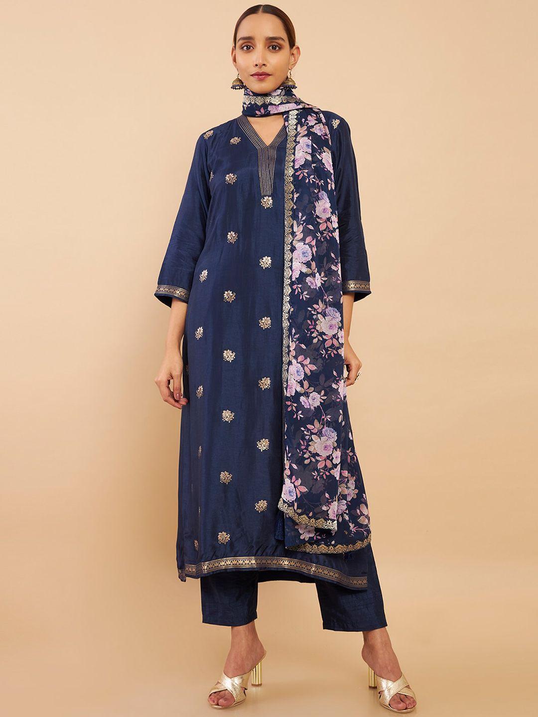 soch women navy blue floral printed beads and stones kurta with trousers & dupatta