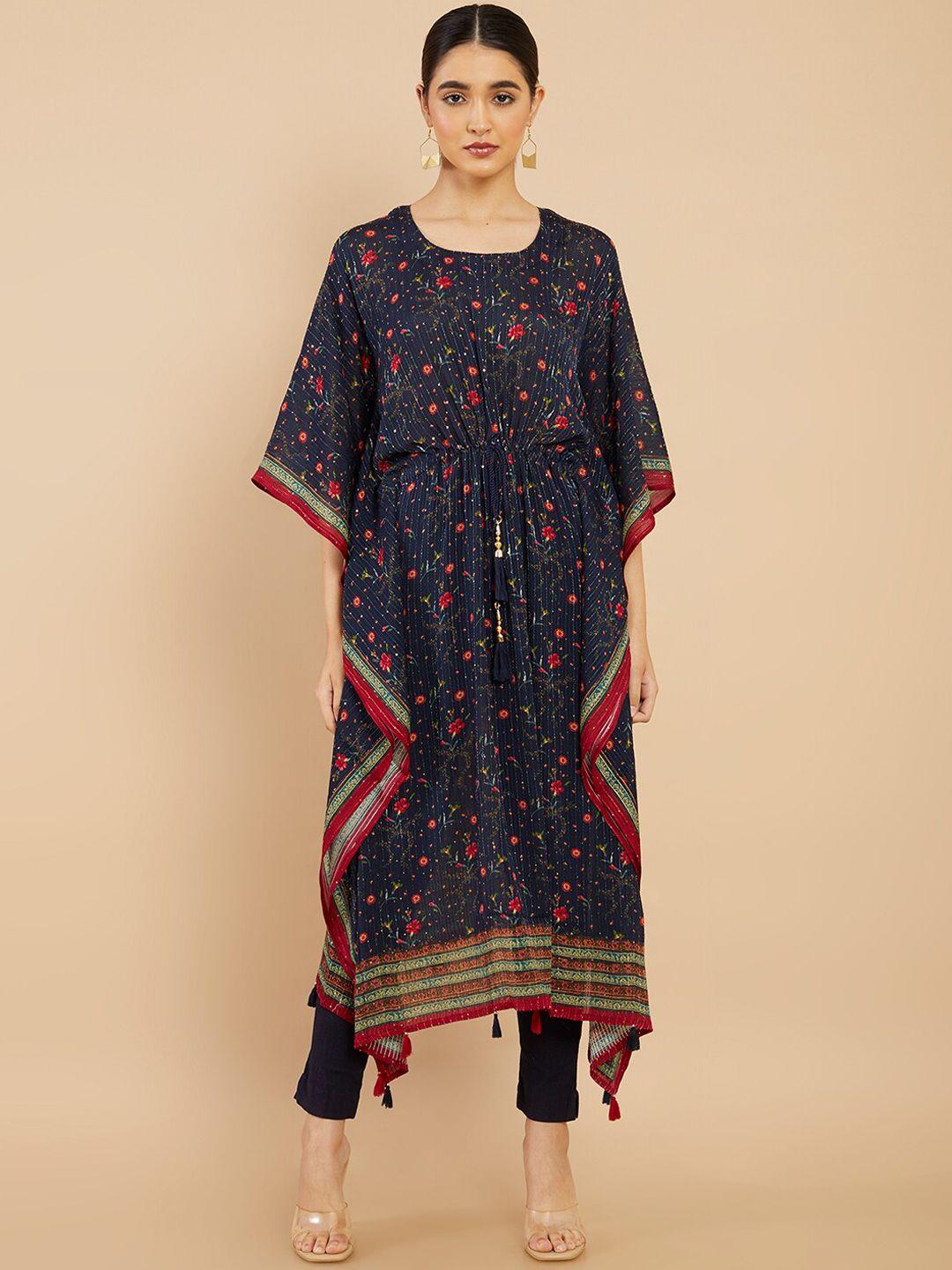 soch women navy blue floral printed flared sleeves kaftan kurta