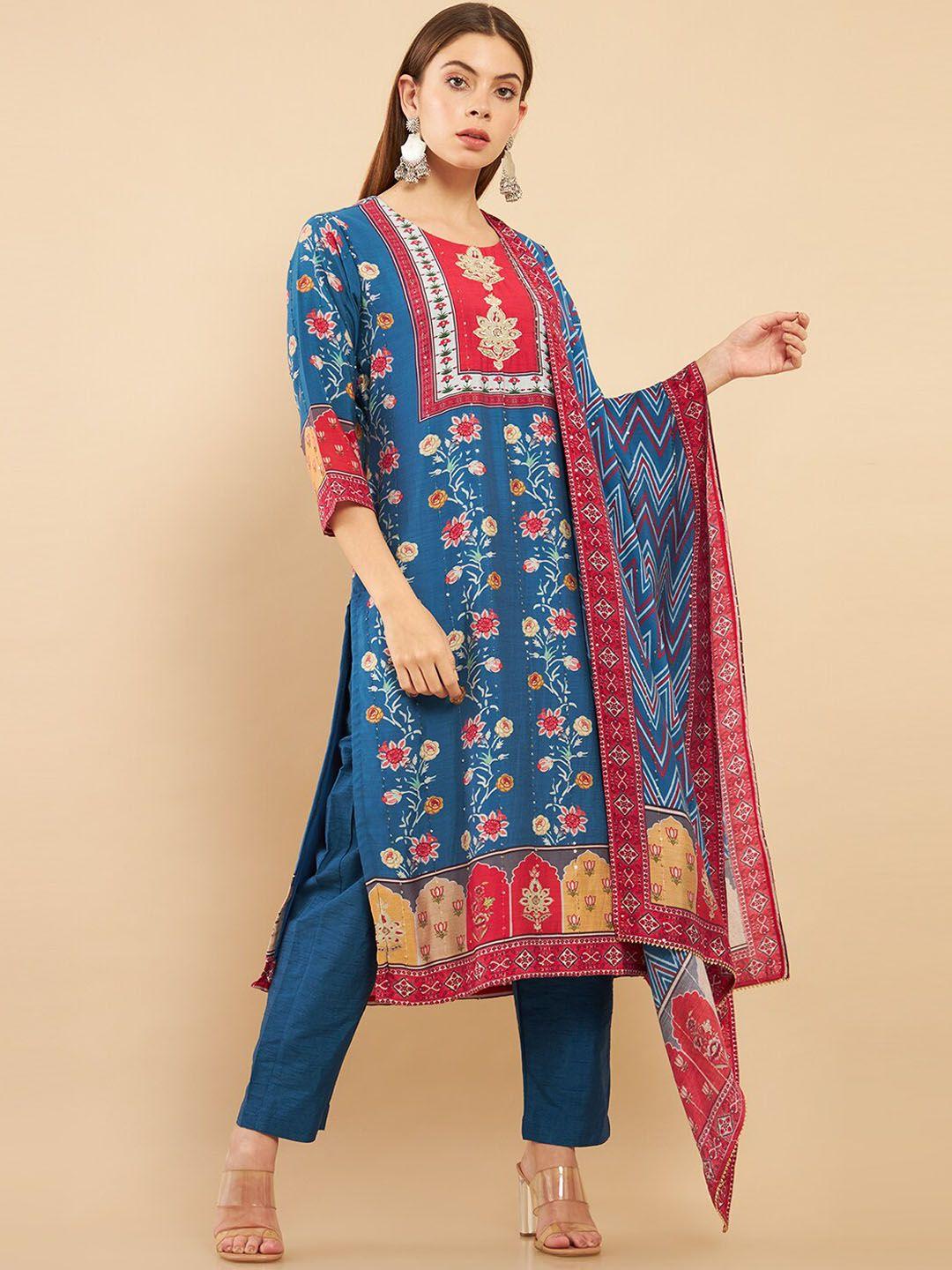 soch women navy blue floral printed kurta set