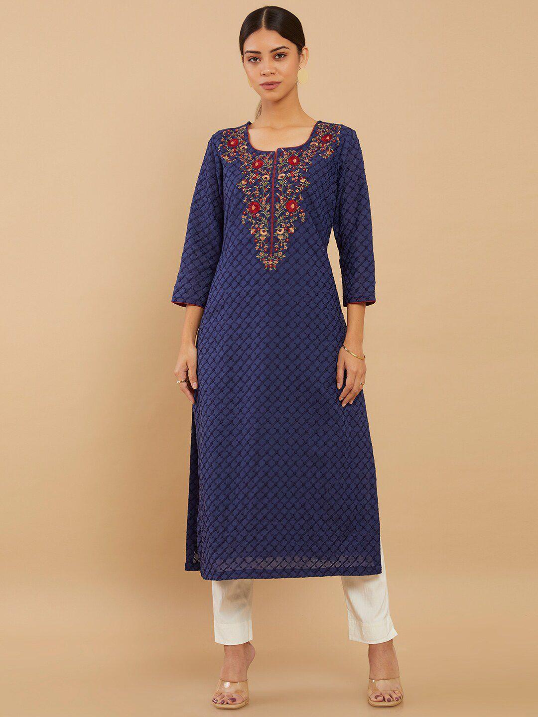 soch women navy blue geometric embroidered thread work kurta