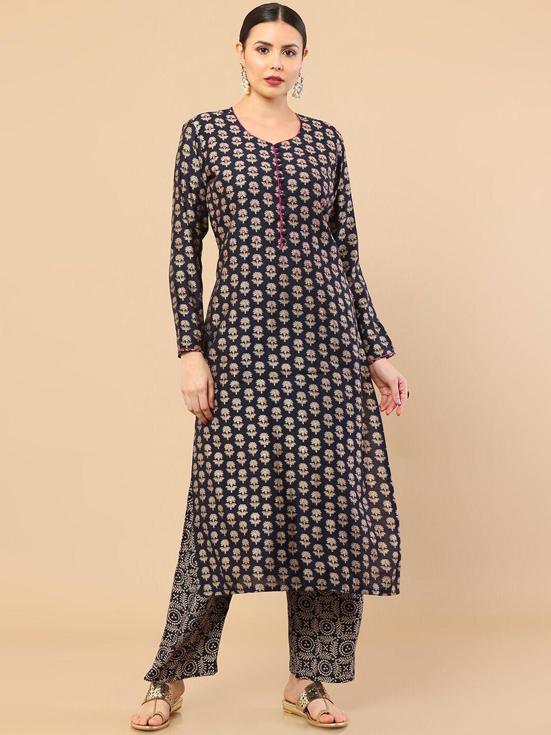 soch women navy blue paisley printed kurta with trousers