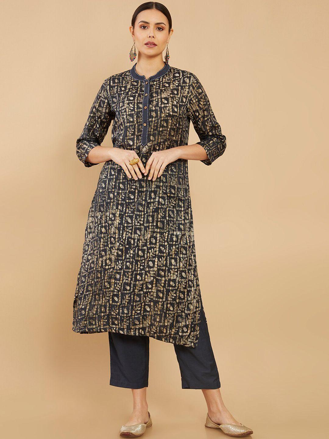 soch women navy blue printed kurta with trousers