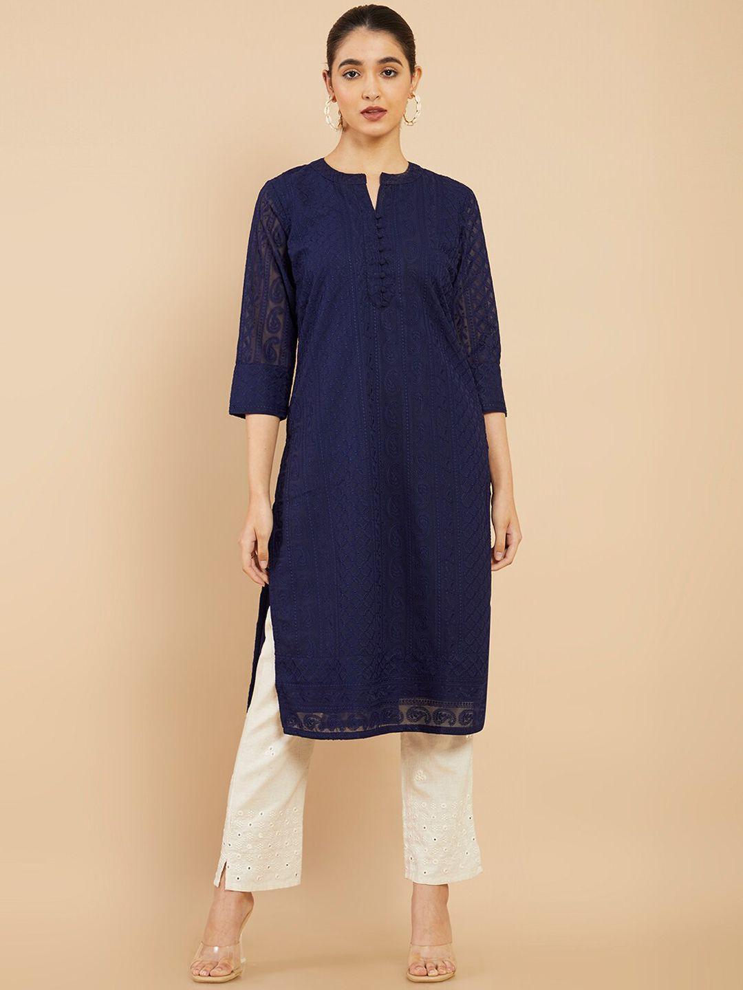 soch women navy blue thread work georgette kurta